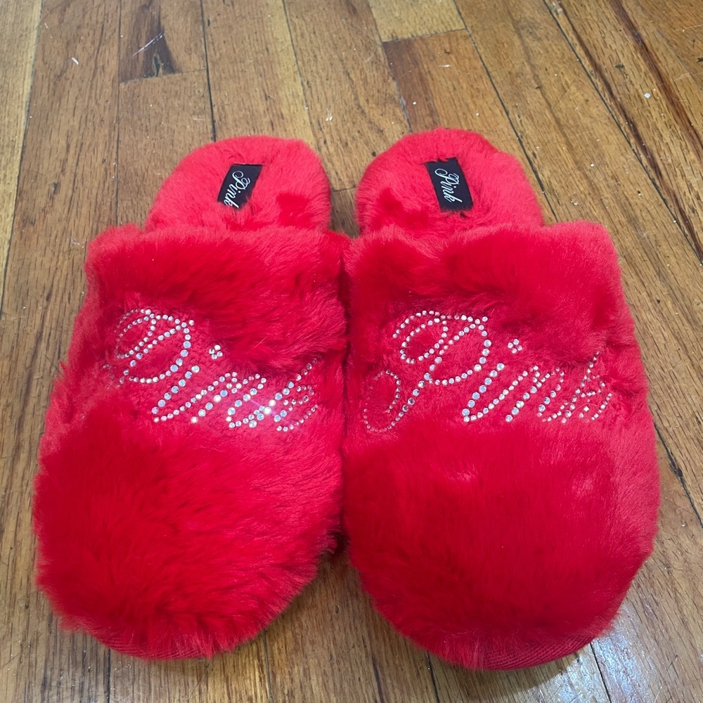 PINK Victoria's Secret Vibrant Red Plush Slippers